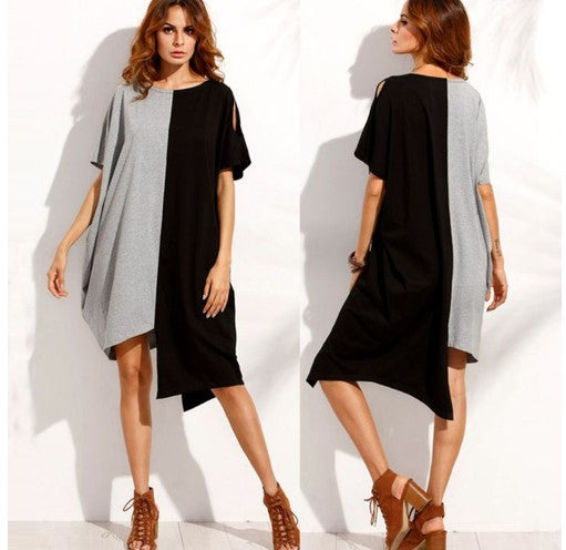 Colorblock crew neck short sleeve irregular dress