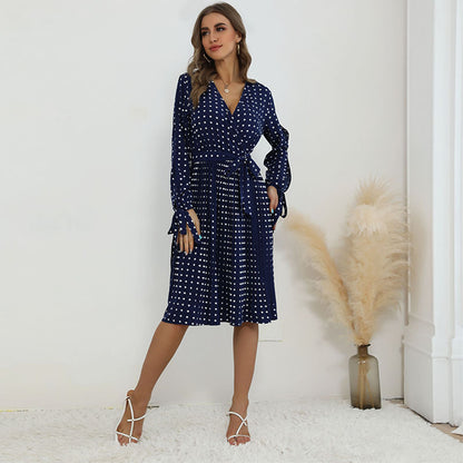 Fashion Blue Polka Dot Dress With Smocked Collar