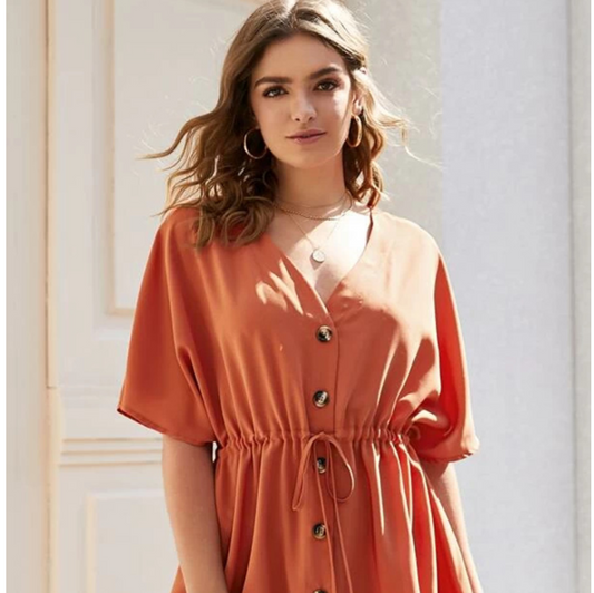 V-neck drawstring waist button dress
