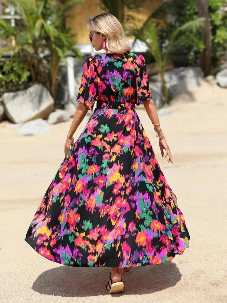 Summer New Short Sleeve V-neck Pullover Irregular Beach Dress