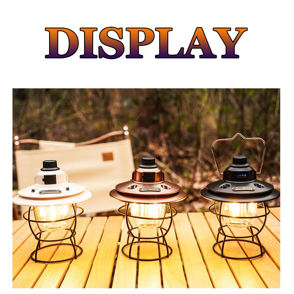 Led Portable Retro Camping Lantern Rechargeable Metal Handle Flashlight Vintage Warm White Light Outdoor Hanging Tent Light