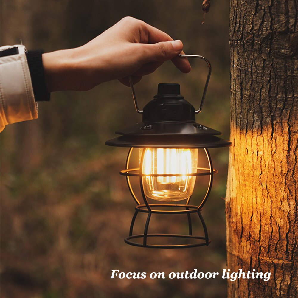 Led Portable Retro Camping Lantern Rechargeable Metal Handle Flashlight Vintage Warm White Light Outdoor Hanging Tent Light
