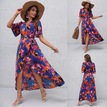 Summer New Short Sleeve V-neck Pullover Irregular Beach Dress