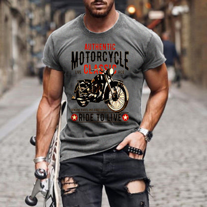 Authentic Motorcycle Printed Slim Round Neck Men's T-shirt