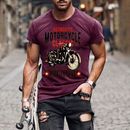 Authentic Motorcycle Printed Slim Round Neck Men's T-shirt