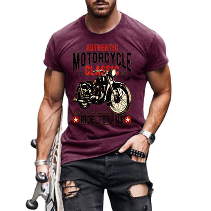 Authentic Motorcycle Printed Slim Round Neck Men's T-shirt