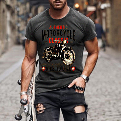 Authentic Motorcycle Printed Slim Round Neck Men's T-shirt