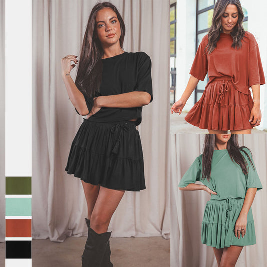 Commuter Suit Short Sleeve Loose Crew Neck Top Casual