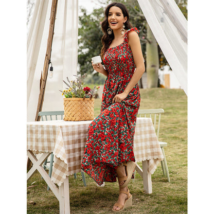 Fashion Floral High Waist Sleeveless Sling Dress