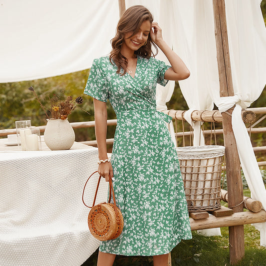 Spring And Summer Floral Short-sleeved Dress