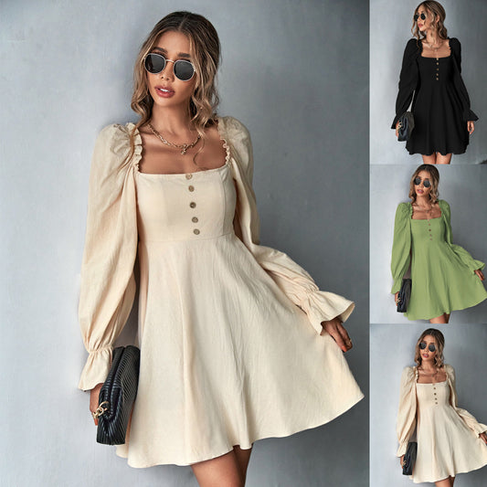 Women's Puff Sleeve Square Neck Neck Waist Dress