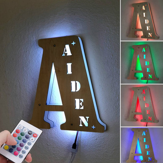 Houten Nachtlampje Initialen + Naam & Afstandsbediening