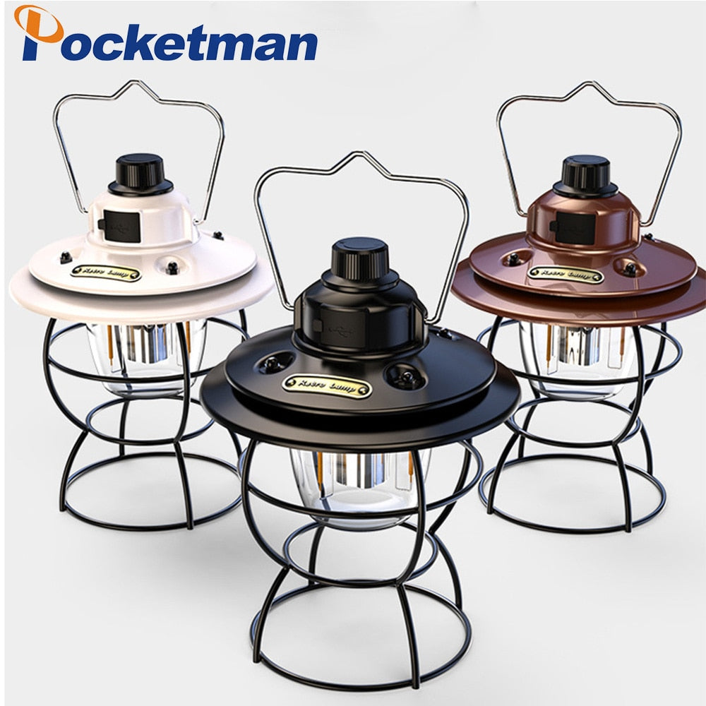 Led Portable Retro Camping Lantern Rechargeable Metal Handle Flashlight Vintage Warm White Light Outdoor Hanging Tent Light
