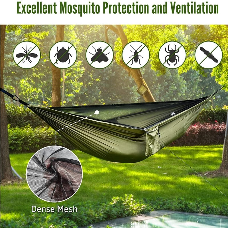 Camping Hammock with Mosquito Net Double Hammock Travel Hammock,Backpacking Hammock Portable Parachute 5+1 Ring Strap Hammock