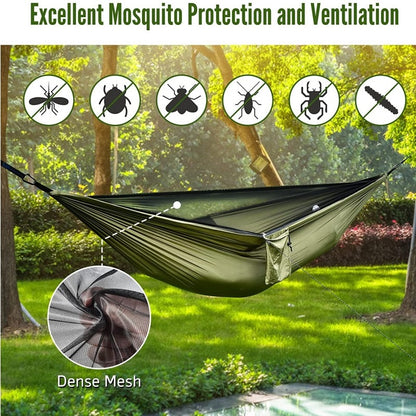 Camping Hammock with Mosquito Net Double Hammock Travel Hammock,Backpacking Hammock Portable Parachute 5+1 Ring Strap Hammock
